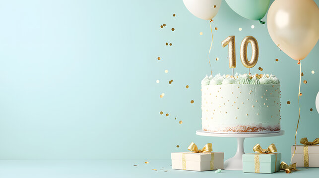 Festive 10th Birthday Cake with Balloons and Gifts on light blue background
