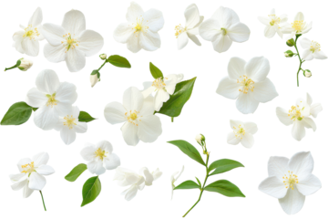 Collection of jasmine flowers Philadelphus cor x showcasing delicate blooms and vibrant foliage in a natural arrangement