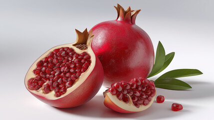 Fresh Pomegranate with Seeds and Leaves