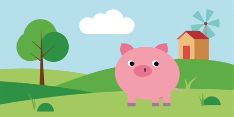Cute cartoon pink piggy vector illustration with a farm pig and a domestic piglet playing in a park