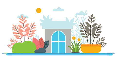 Illustration of a house with a blue arched window surrounded by plants and a yellow sun in the sky