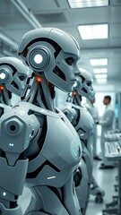 Fototapeta premium A modern robotics lab where humanoid robots are being developed and tested, surrounded by sleek tech and glowing control panels.