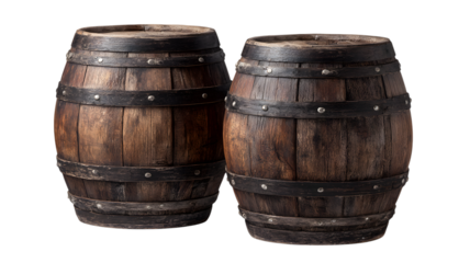 Two old wooden barrels with black metal bands on a black background realistic texture