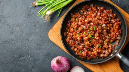 A skillet filled with caramelized onions, garnished with green herbs, sits on a wooden board beside fresh green onions and a red onion.