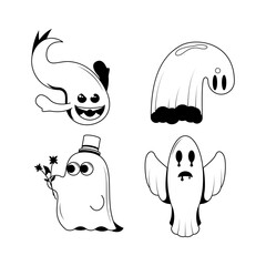 Set Abstract Collection Doodle Black Line Happy Halloween Greeting Ghost Spirit Tongue Out Background. Vector Design Banner Party Invitation Template