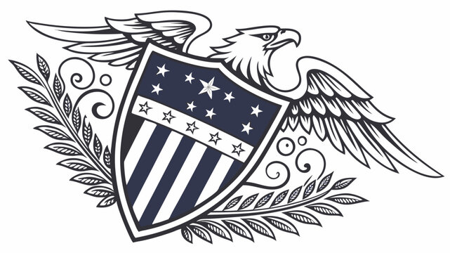Illustration of an eagle with spread wings above a shield with stars and stripes and floral elements