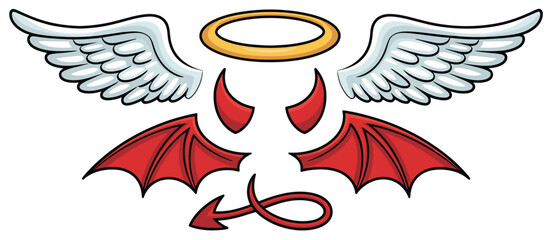 Cartoon angel wings devil horns and tail set