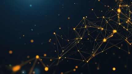 Abstract network of golden lines and points on dark background