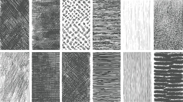 Collection of hand drawn textured patterns featuring varying line styles for graphic design and artistic backgrounds.