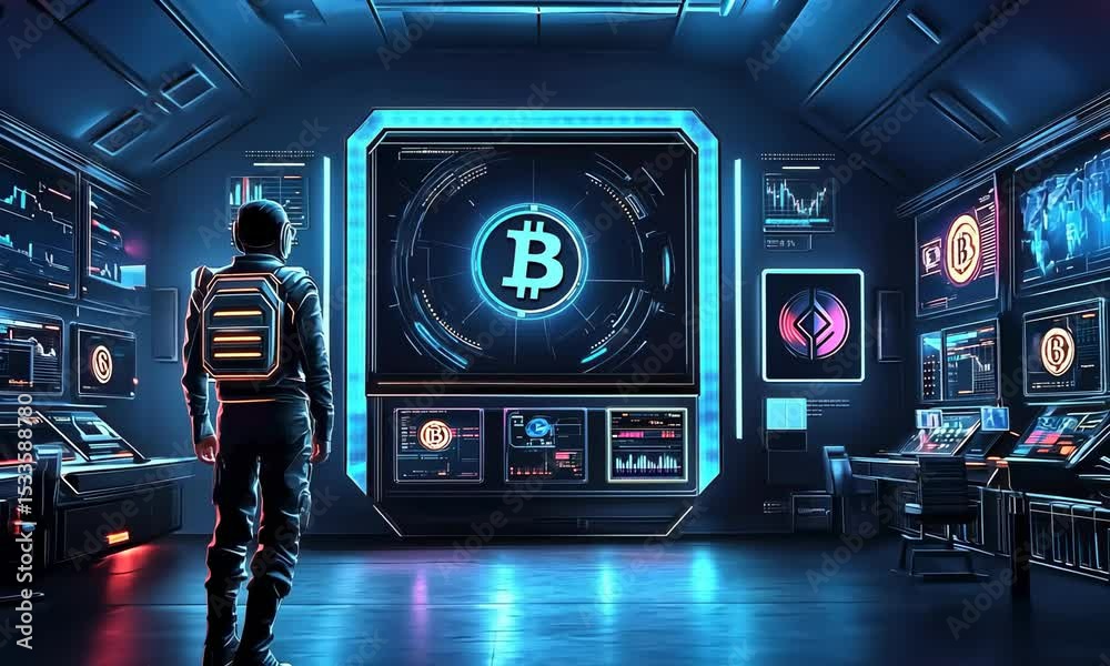 Poster futuristic control room with bitcoin symbol. a figure stands before a large screen displaying crypto