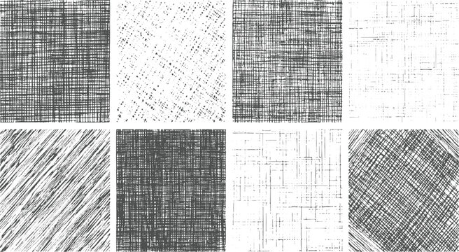 Set of hand drawn textured patterns featuring grunge style scribbles crosshatch designs and grungy overlay effects with ink strokes