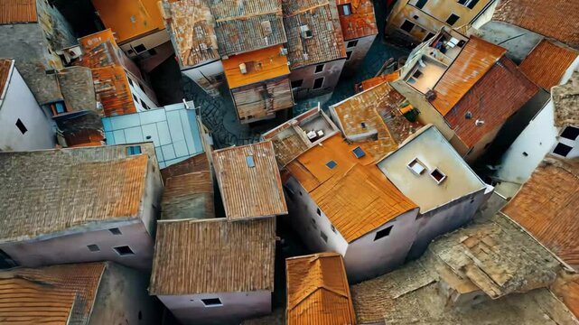 Aerial view captures the charming village of Dolcedo with its terracotta roofs and narrow winding streets, Aerial view of the village of Dolcedo in the province of Imperia, Liguria, Italy