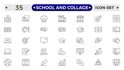 School and Collage outline Icon Set. Back to School, College, Study Tools & Education Vector Collection.