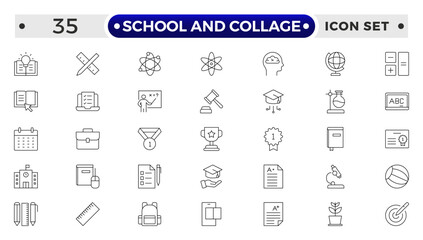School and Collage outline Icon Set. Back to School, College, Study Tools & Education Vector Collection.