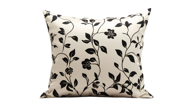 Elegant Black and Cream Floral Pillow Home Decor Accent isolated on transparent background