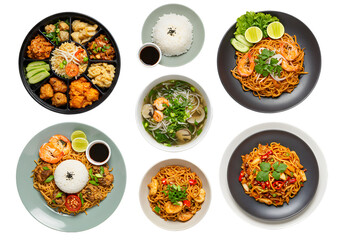 Delicious Asian Cuisine: Diverse Dishes & Vibrant Flavors on white background