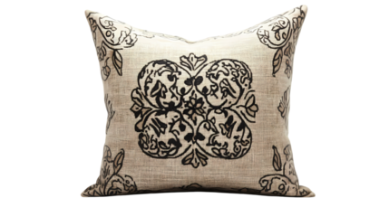 Beige Pillow with Black Floral Damask Pattern Decorative Throw Pillow for Home Decor isolated on transparent background
