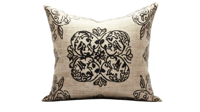 Beige Pillow with Black Floral Damask Pattern Decorative Throw Pillow for Home Decor isolated on transparent background - Powered by Adobe