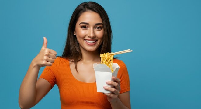 Happy young woman holding a takeout container of noodles with chopsticks and giving a thumbs-up gesture, standing against a blue wall. She is smiling, enjoying her meal and showing approval.