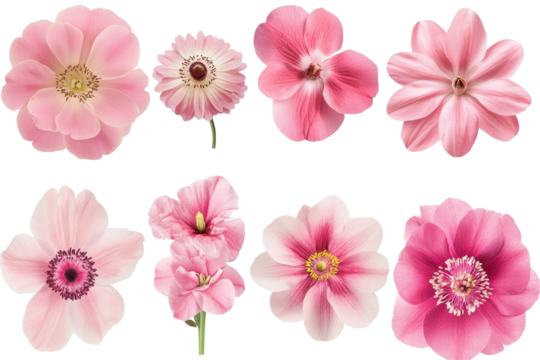 Various pink flowers in multiple shapes and sizes showcasing natural beauty and diversity in a vibrant floral collection