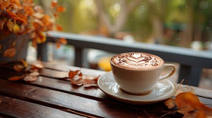 Cappuccino with Latte Art on a Rainy Autumn Day