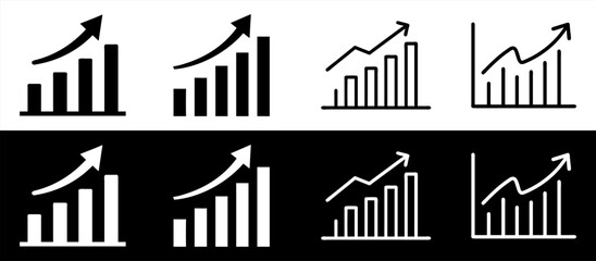 Black and white increasing bar chart icon set, solid and outline styles, for business growth