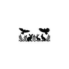 A silhouette of forest animals like owls and rabbits on white background
