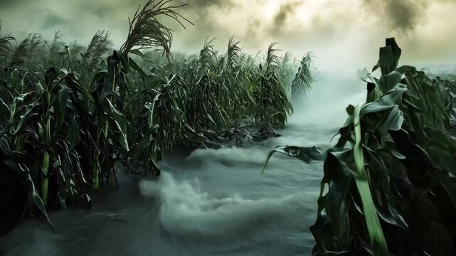 Flooded corn field shows damage as strong winds uproot stalks and create chaos in agricultural landscape, The corn field after a flood All the corn are blown down by the wind Damage of the crops