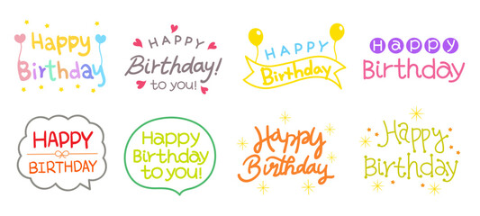 Colorful Happy Birthday text designs collection with hearts, balloons and decorative elements. Vector design elements.