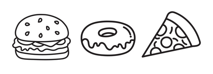 Simple line art food icons set with hamburger, donut and pizza slice outline illustration. Vector design elements.
