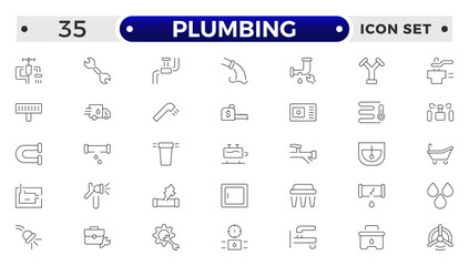 Heating, Ventilation and Plumbing (HVAC & Plumbing) outline Icon Set – Home Maintenance, Repair & Construction Vector Collection.