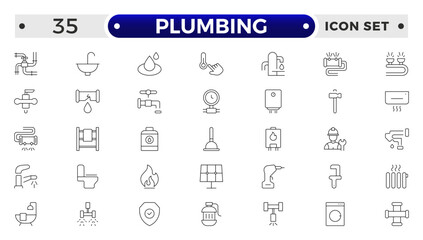 Heating, Ventilation and Plumbing (HVAC & Plumbing) outline Icon Set – Home Maintenance, Repair & Construction Vector Collection.