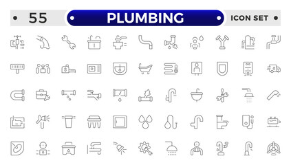 Heating, Ventilation and Plumbing (HVAC & Plumbing) outline Icon Set – Home Maintenance, Repair & Construction Vector Collection.