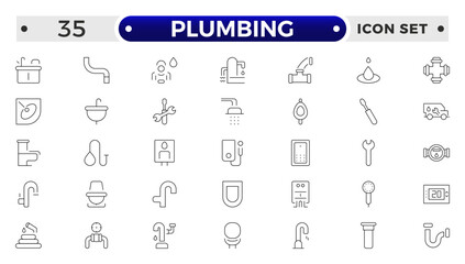 Heating, Ventilation and Plumbing (HVAC & Plumbing) outline Icon Set – Home Maintenance, Repair & Construction Vector Collection.