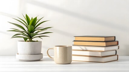 Minimalist Workspace with Plant, Books, and Coffee Mug