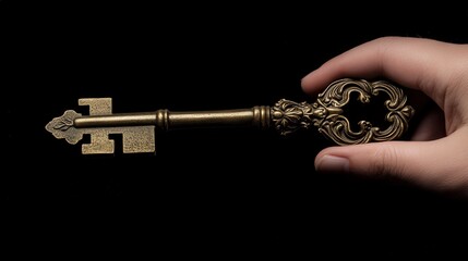 A vintage brass key held in someones outstretched hand