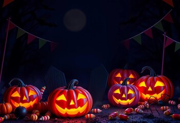 Fototapeta premium Glowing pumpkins, candy, bats, coffin, flags & spiders on a Halloween night background, vector, bat