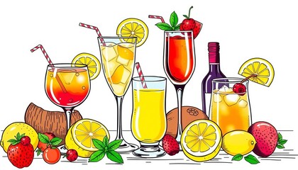 Hand-drawn tropical cocktails, lemons, coconuts, mint, wine, fruits in doodle sketch style for menu/party, sketch, celebration