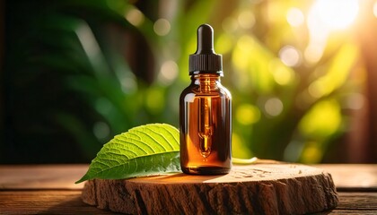 Amber Dropper Bottle on Wooden Stand with Green Leaf and Sunlight