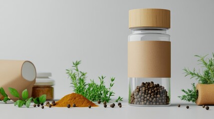 Spice jars & herbs on a white surface