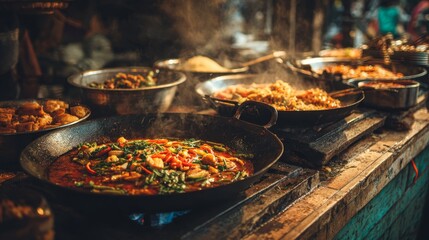 India food traditional atmosphere, many type of curry in iron bowl 