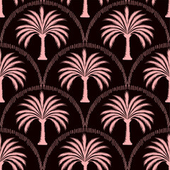 Seamless palm tree pattern featuring tropical botanical elements. This design is perfect for summer.	