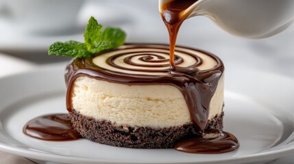 close up ice-cream cake with chocolate sauce dripping down