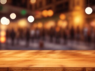 Empty wooden table with blurred restaurant background and warm bokeh lights. Perfect for food photography, product display, dining content