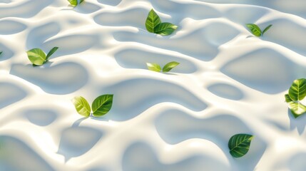 White textured surface with small green leaves