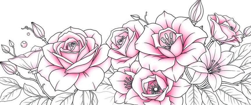 Intricate line art depicting blooming roses and lilies, soft pastel palette,  pastel,  summer
