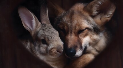 Fototapeta premium Two animals cuddling in a heart shaped frame