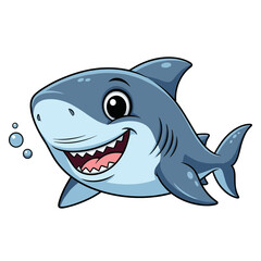 Cute smiling cartoon baby shark with bubbles underwater illustration
