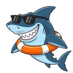 Funny cartoon shark wearing sunglasses and lifebuoy in summer theme