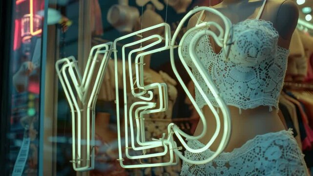 A colorful neon 'yes' sign displayed in a store window